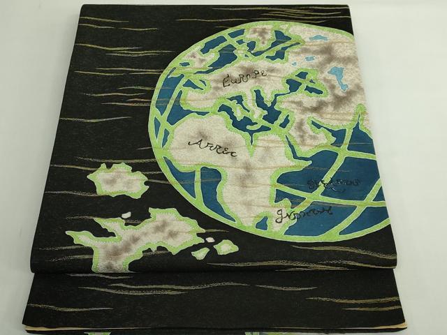 平和屋着物●極上 太鼓柄袋帯 作家物 希少柄 地球儀 黒地 金糸 逸品 DZAB5030kh6