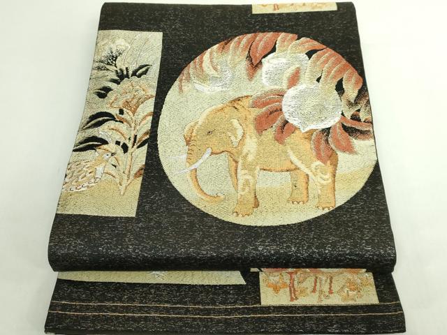 平和屋着物●極上 全通柄袋帯 動物 ゾウ 鹿 鳥 金銀糸 逸品 DZAB5034kh6