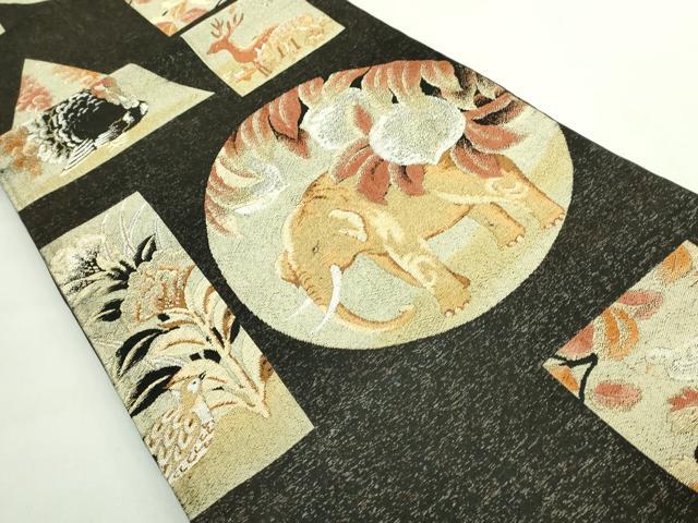 平和屋着物●極上 全通柄袋帯 動物 ゾウ 鹿 鳥 金銀糸 逸品 DZAB5034kh6