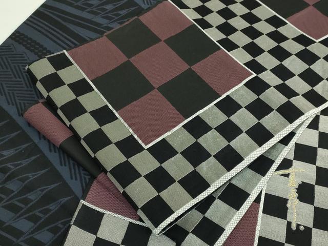 平和屋着物●極上 キモノデザイナー 斉藤上太郎 両面 六通柄袋帯 市松文様 黒地 逸品 DZAB5042kh6