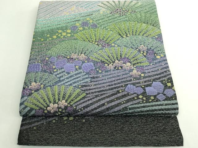 平和屋着物●極上 十日町 名門 滝泰謹製 太鼓柄袋帯 相良刺繍 襲絞り おぼろ染め 花松文 銀通し地 逸品 DZAB5071kh6