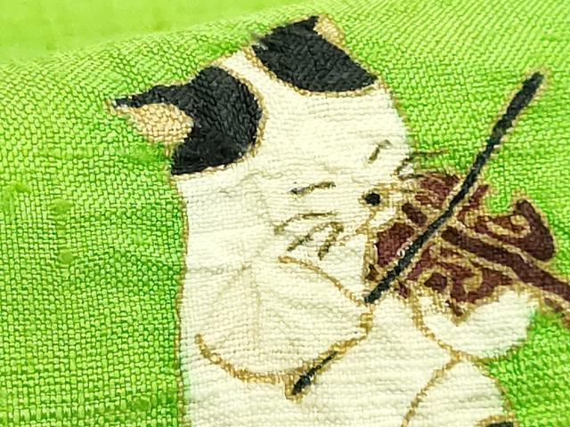 平和屋着物●極上 九寸名古屋帯 紬地 絞り ネコ 楽器 黄緑色地 金彩 逸品 DZAB5076kh6