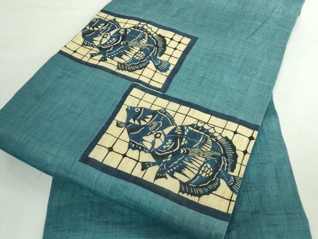 平和屋本店*極上 夏物 人間国宝 玉那覇有公 本場琉球紅型 九寸開き名古屋帯 魚 麻 逸品 DZAB5087kh6