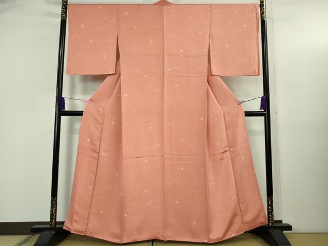 平和屋本店●極上 創業460年・千總 小紋 吹寄せ文 珊瑚朱色地 金彩 鬼しぼ縮緬 反端付き 逸品 DZAB5111kh6