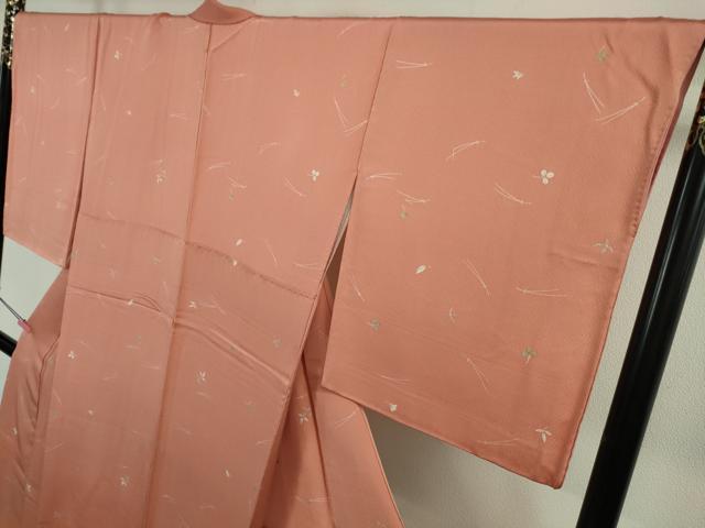 平和屋本店●極上 創業460年・千總 小紋 吹寄せ文 珊瑚朱色地 金彩 鬼しぼ縮緬 反端付き 逸品 DZAB5111kh6