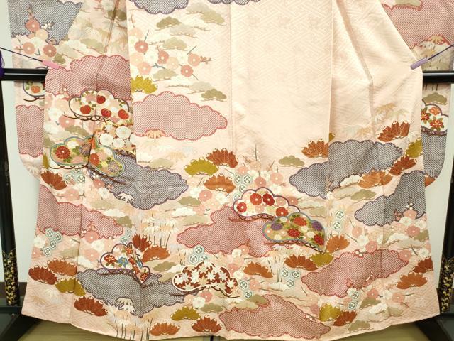 平和屋本店●極上 振袖・長襦袢(無双仕立て)セット 駒刺繍 雲取り松花文 金彩 逸品 DZAB5151kh6