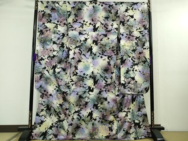 平和屋本店●極上 振袖・袋帯セット 牡丹 百合 草花 黒地 金彩 銀通し地 逸品 未使用 DZAB5152kh6
