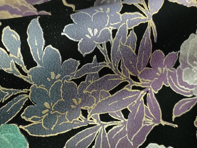 平和屋本店●極上 振袖・袋帯セット 牡丹 百合 草花 黒地 金彩 銀通し地 逸品 未使用 DZAB5152kh6