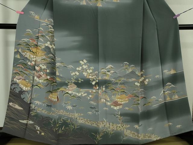 平和屋着物●極上 訪問着 友禅 吉祥花風景 藍墨茶色地 暈し染め 逸品 DZAB5159kh6