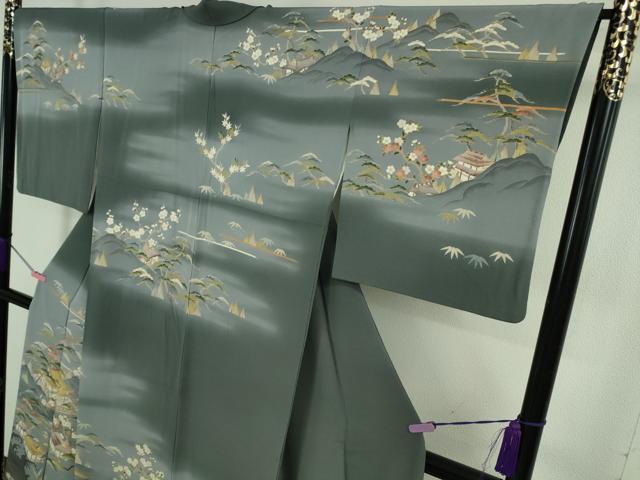 平和屋着物●極上 訪問着 友禅 吉祥花風景 藍墨茶色地 暈し染め 逸品 DZAB5159kh6