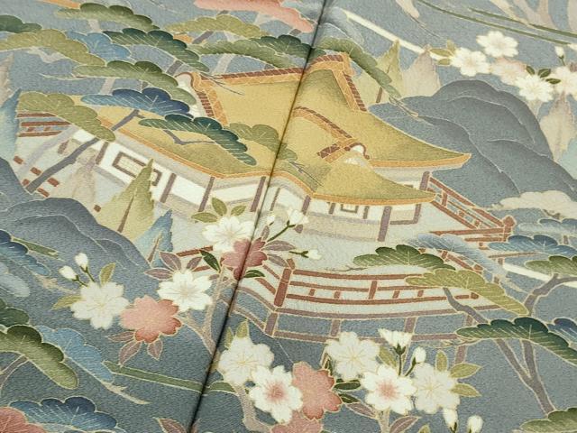 平和屋着物●極上 訪問着 友禅 吉祥花風景 藍墨茶色地 暈し染め 逸品 DZAB5159kh6