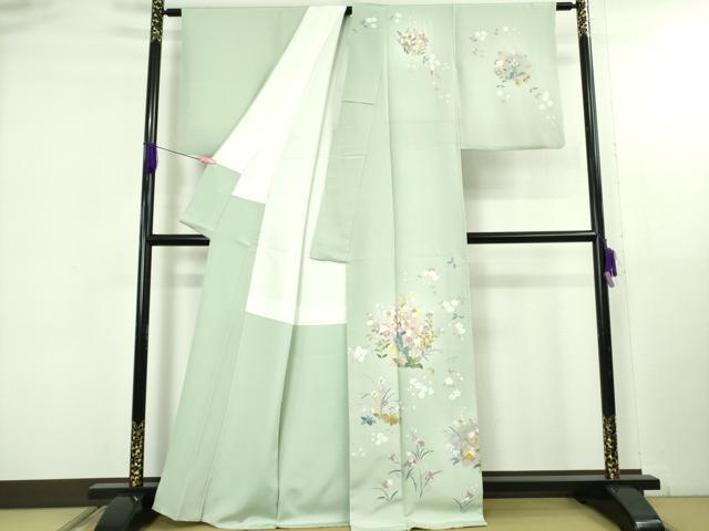 平和屋着物●極上 訪問着 友禅 草花文 柳鼠色地 暈し染め 逸品 DZAB5165kh6
