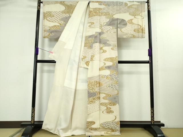 平和屋本店●極上 中国三大刺繍 スワトウ刺繍 汕頭刺繍 訪問着 流水文 鳥の子色地 金彩 逸品 DZAB5169kh6