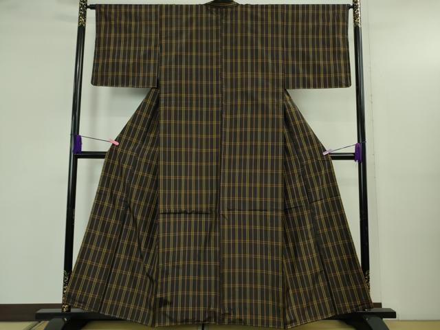 平和屋本店●極上 本場黄八丈 黒八丈 紬 平織 格子 逸品 未使用 DZAB5185kh6
