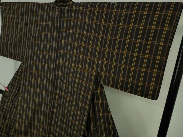 平和屋本店●極上 本場黄八丈 黒八丈 紬 平織 格子 逸品 未使用 DZAB5185kh6