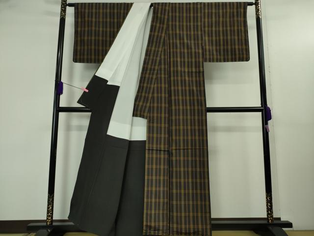 平和屋本店●極上 本場黄八丈 黒八丈 紬 平織 格子 逸品 未使用 DZAB5185kh6
