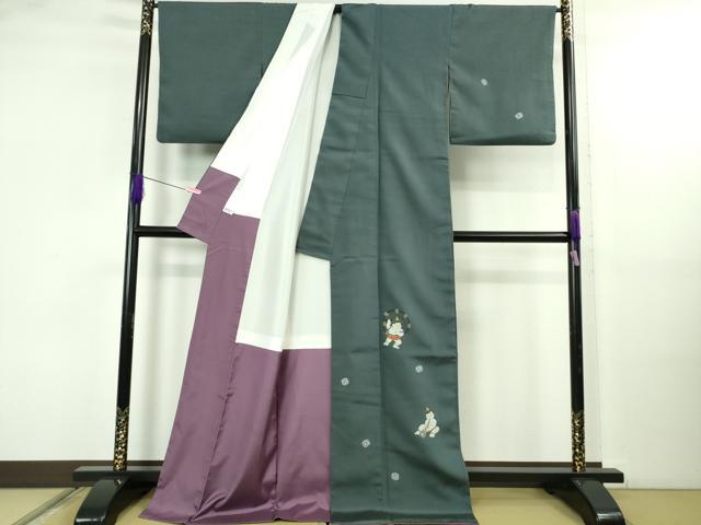 平和屋本店●極上 訪問着 お召地 鬼 雷様 濃い熨斗目花色地 ロング丈 逸品 DZAB5189kh6