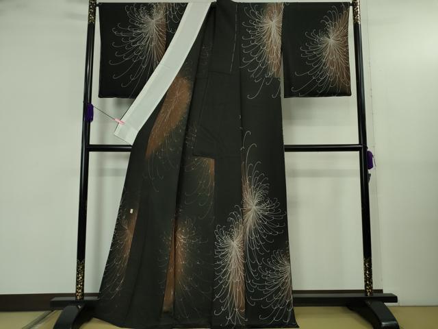 平和屋本店▽極上 東京友禅 佐藤光幸 小紋 単衣 乱菊 黒地 逸品 未使用 DZAB5191kh6