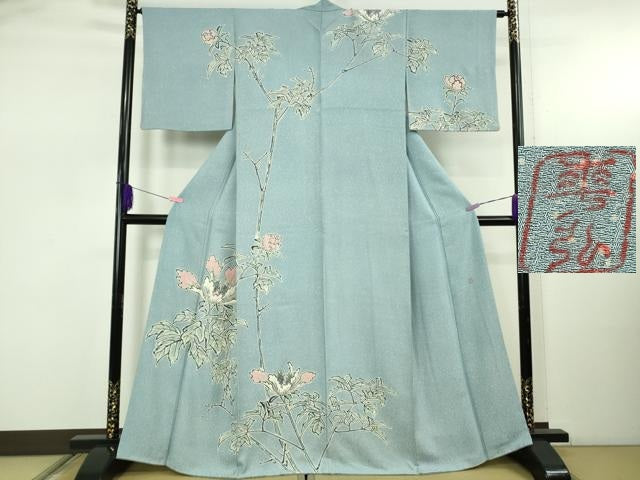 平和屋本店●極上 人間国宝 森口華弘 蒔糊友禅 蒔糊散らし 訪問着 枝花文 金糸 逸品 DZAB5221kh6