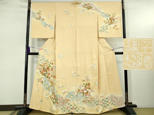 平和屋本店●極上 創業460年・千總 訪問着 駒刺繍 吉祥花文 丁子色地 金彩 逸品 DZAB5222kh6
