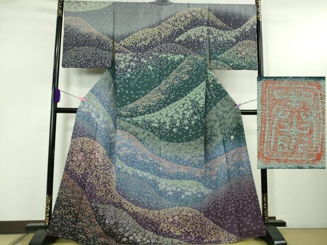 平和屋本店●極上 十日町 名門 滝泰謹製 訪問着 おぼろ染め 襲絞り 相良刺繍 重ね山花文 暈し染め 金糸 金通し地 逸品 DZAB5223kh6