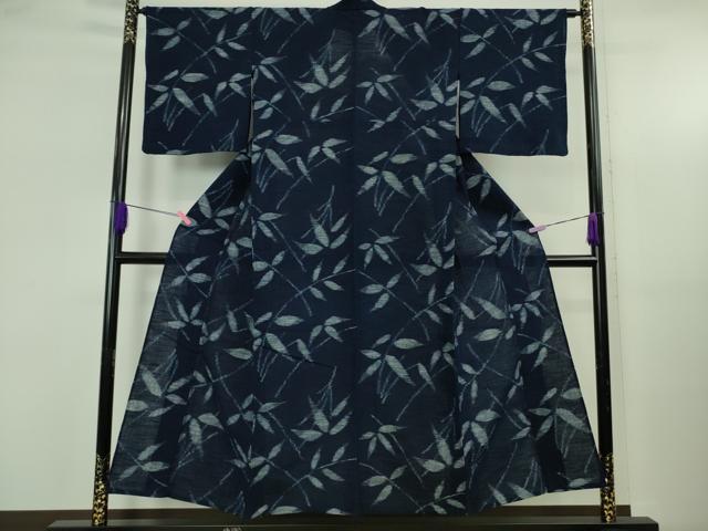 平和屋本店▽極上 人間国宝 重要無形文化財保持者 森山虎雄 正藍絣森山 天然藍染 久留米絣 単衣 枝葉文 綿 反端付き 逸品 DZAB5236kh6
