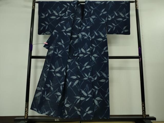 平和屋本店▽極上 人間国宝 重要無形文化財保持者 森山虎雄 正藍絣森山 天然藍染 久留米絣 単衣 枝葉文 綿 反端付き 逸品 DZAB5236kh6
