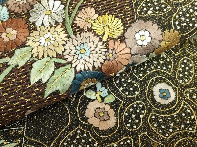 平和屋本店●極上 中国三大刺繍 スワトウ相良刺繍 総刺繍 袋帯 草花文 黒地 金銀糸 逸品 未使用 DZAB5272kh6