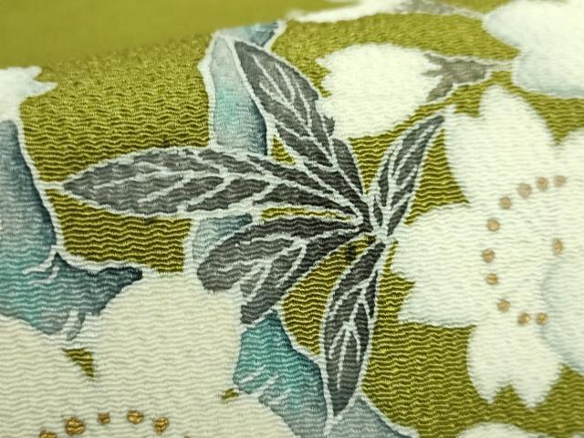 平和屋本店●極上 洛楽人工房 九寸名古屋帯 枝桜 金彩 鬼しぼ縮緬 鶯色地 逸品 DZAB5280kh6