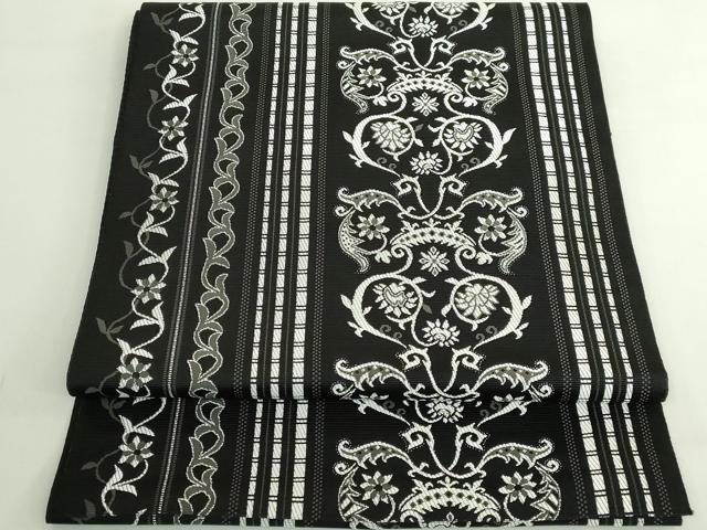 平和屋着物●極上 本場筑前博多織 八寸名古屋帯 花唐草間道 黒地 逸品 DZAB5283kh6