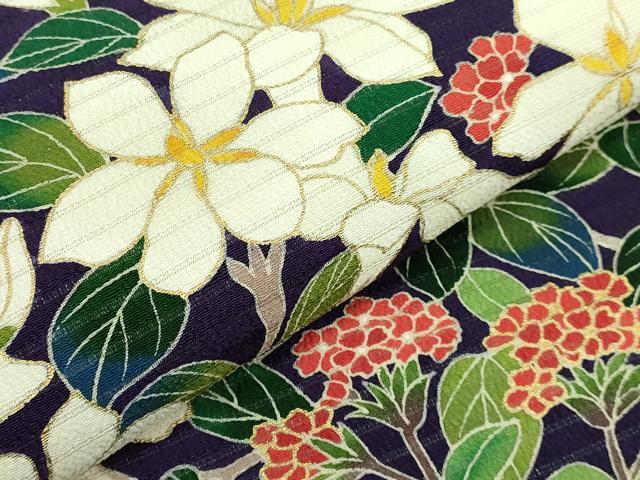 平和屋本店*極上 夏物 九寸名古屋帯 絽縮緬 枝花文 金彩 深紫色地 逸品 DZAB5304kh6