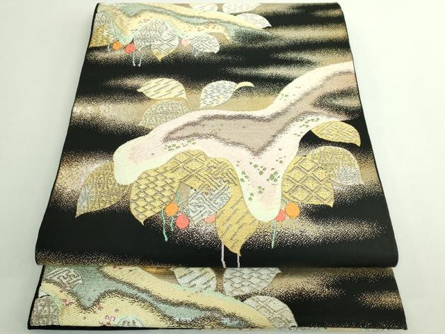 平和屋本店●最高級 龍村平蔵製 六通柄 本袋帯 白雲虎紅錦 黒地 金銀糸 逸品 DZAB5340kh6