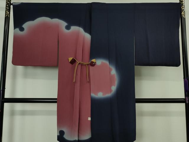 平和屋着物∞極上 道中着 ロング丈 作家物 雪輪 鉄紺色地 暈し染め 鬼しぼ縮緬 逸品 DZAB5360kh6