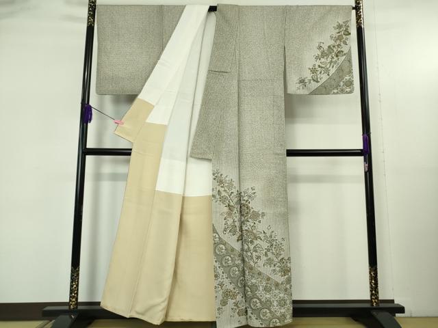 平和屋本店●極上 中国三大刺繍 スワトウ刺繍 汕頭刺繍 訪問着 天目織 更紗花唐草文 亜麻色地 金糸 金通し地 逸品 DZAB5375kh6