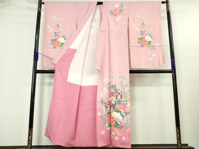 平和屋本店∵極上 本加賀友禅作家 岡本幸治 女の子 十三参り 子供 祝着 御所車花文 石竹色地 暈し染め 三越扱い 逸品 DZAB5381kh6