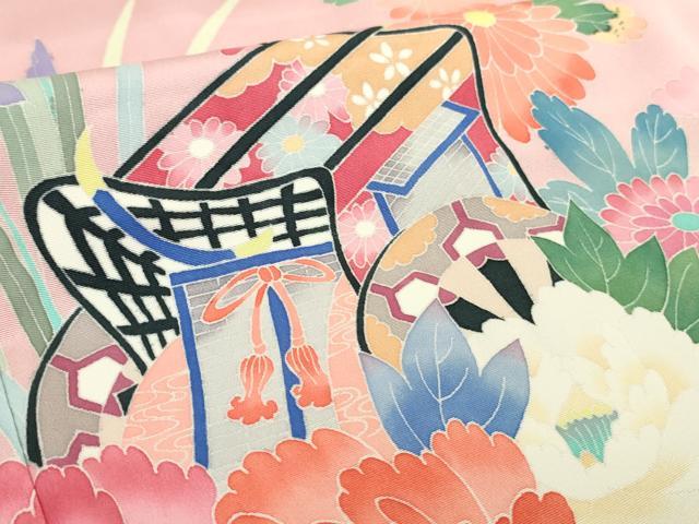 平和屋本店∵極上 本加賀友禅作家 岡本幸治 女の子 十三参り 子供 祝着 御所車花文 石竹色地 暈し染め 三越扱い 逸品 DZAB5381kh6