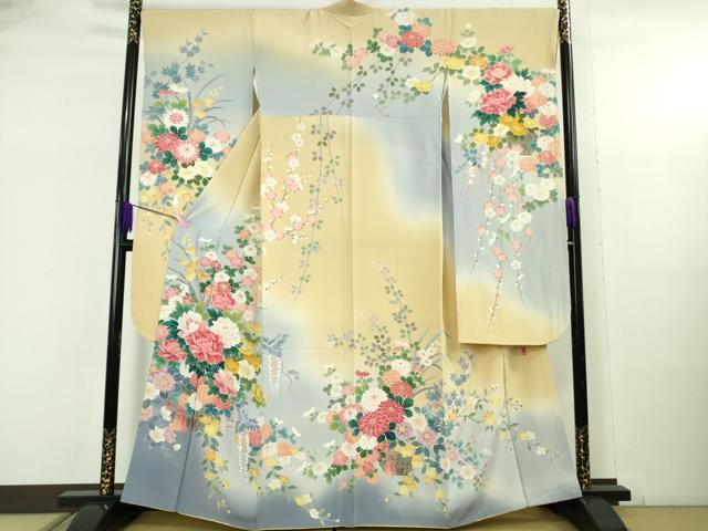 平和屋着物●極上 振袖 友禅 作家物 吉祥花文 暈し染め 逸品 DZAB5382kh6