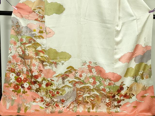 平和屋本店●極上 皇室献上作家 藤井寛 訪問着 駒刺繍 御所車吉祥花文 金彩 ロング丈 逸品 未使用 DZAB5389kh6