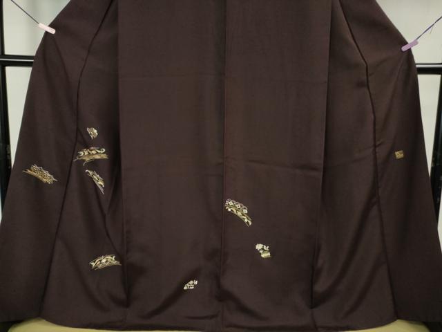 平和屋本店●極上 創業460年・千總 訪問着 紬地 刺繍 草花文 紫黒色地 金糸 東武百貨店扱い 逸品 DZAB5398kh6