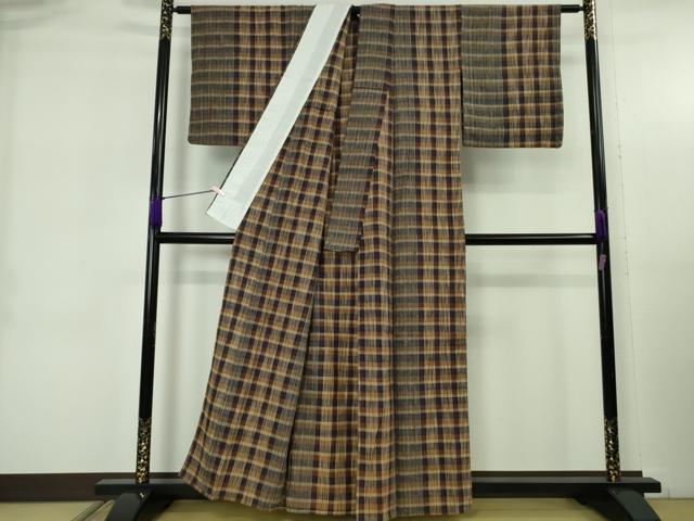 平和屋本店▽極上 浦野理一 経節紬 単衣 格子 間道 逸品 DZAB5399kh6