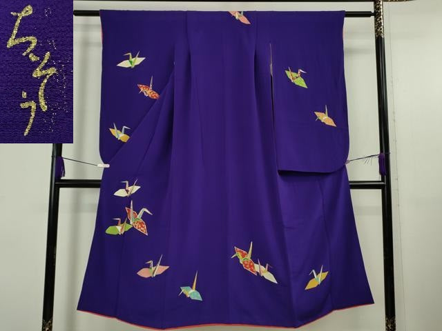 平和屋本店∵極上 創業460年・千總 女の子 十三参り 子供 祝着 駒刺繍 折り鶴 濃いパンジー色地 金彩 鬼しぼ縮緬 逸品 DZAB5405kh6