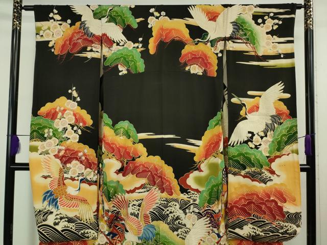 平和屋本店●極上 アンティーク 大正ロマン 振袖・長襦袢(袷)セット 刺繍 御所車飛鶴花文 黒地 金彩 逸品 DZAB5406kh6