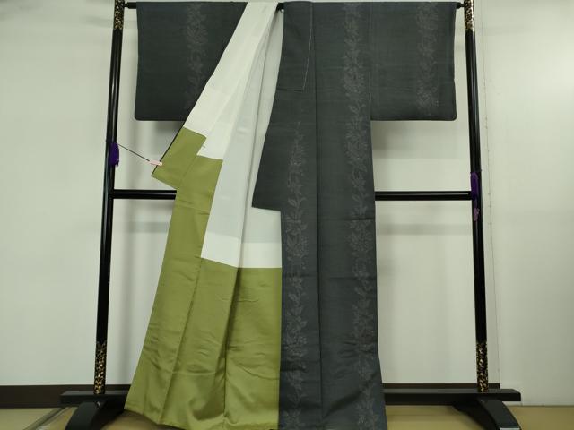 平和屋着物●極上 結城紬 100亀甲 飛び亀甲柄 草花間道 青褐色地 銀座おゝぎ屋 証紙付き 逸品 DZAB5408kh6