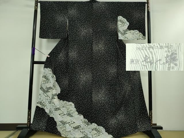 平和屋着物●極上 洗える最高級着物 <英>はなぶさ謹製 訪問着 雲取り草花文 黒地 逸品 DZAB5449kh6