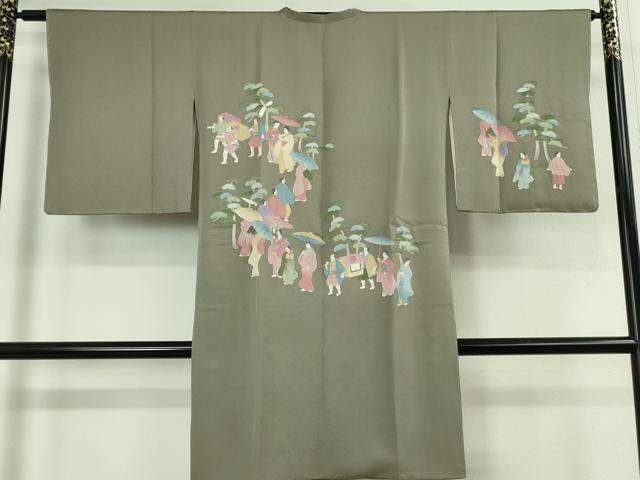 平和屋着物∞極上 中国三大刺繍 相良刺繍 道行コート ロング丈 人物風景 行列 青白橡色地 たとう紙付き 逸品 未使用 DZAB5456kh6