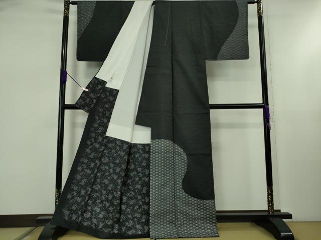 平和屋本店●極上 二代目 川村久太郎 石川県指定無形文化財 牛首紬 白山工房 手織り 麻の葉 黒地 逸品 未使用 DZAB5463kh6