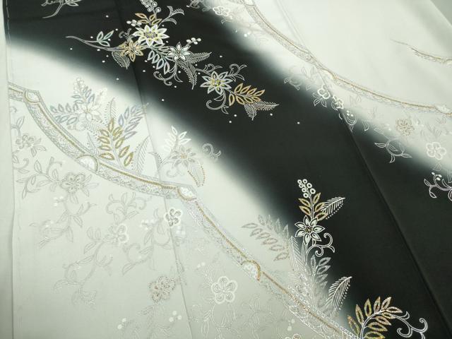 平和屋本店●極上 訪問着 ラインストーン 草花文 暈し染め 白花色地 金銀彩 逸品 未使用 DZAB5468kh6