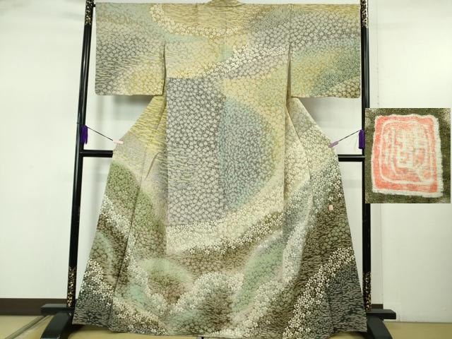 平和屋本店●極上 十日町 名門 滝泰謹製 訪問着 おぼろ染め 襲絞り 相良刺繍 舞花文 暈し染め 金糸 逸品 DZAB5474kh6