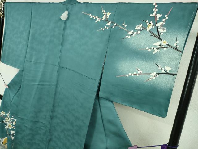 平和屋本店●極上 人間国宝・羽田登喜男 訪問着 瑞祥 鴛鴦梅文 納戸色地 暈し染め 金銀彩 色紙・反端付き 逸品 未使用 DZAB5489kh6