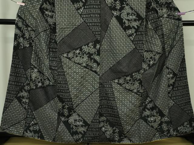 平和屋本店●極上 本場大島紬 刺し子 総刺繍 名物裂切嵌 草花文 黒地 逸品 未使用 DZAB5491kh6